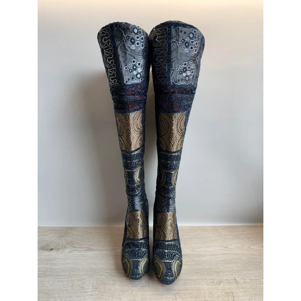 TurkishSoul Blue Gold Patchwork Brocade Tapestry Knee High Stiletto Heel Boots